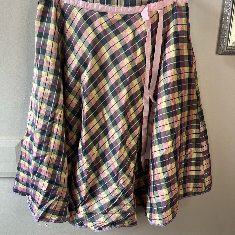 Silk Plaid A-Line Skirt in Pink and Yellow M